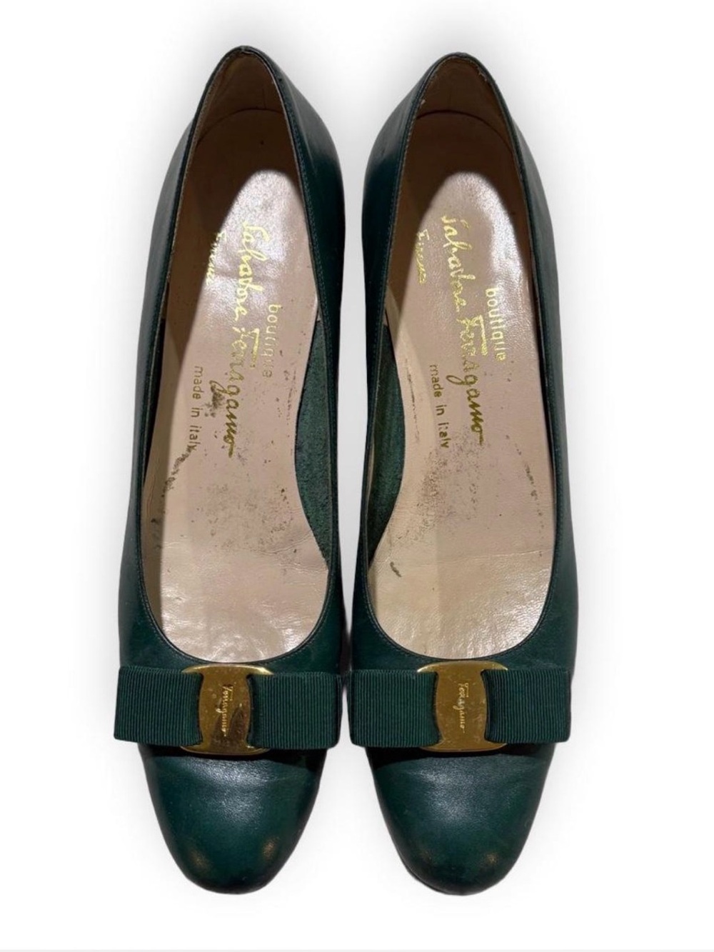 Vintage Salvatore Ferragamo Women’s Dark Green Bow Low Heels - Picture 1 of 9